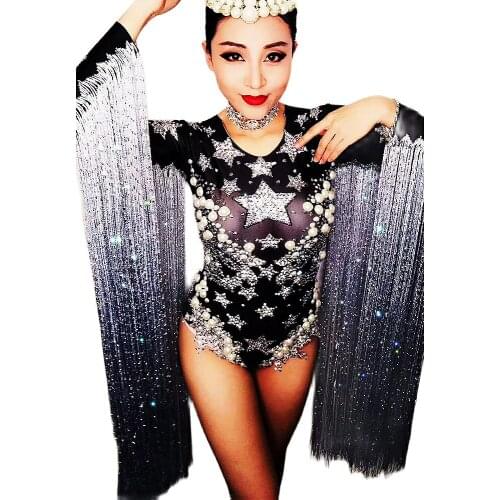 Star Pattern Printing Bodysuit Women Sparkling Rhinestones Pearl Long Fringes Bodycon Backless Performance Costume Ladies