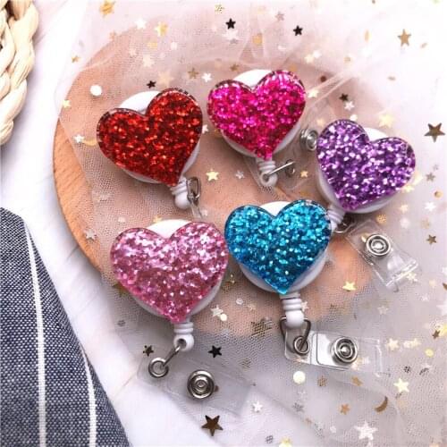 1PC Bling Love Heart Retractable Badge Holder Badge Clips For Nurse ID Badge Reel With Alligator Clip Student Office Accessories