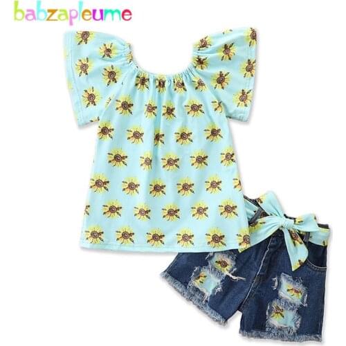 2Piece Kids Summer Outfits Children Clothes Cute Print Short Sleeve T-shirt+Denim Bow Hole Shorts Baby Girls Clothing Set BC2060