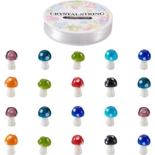 80pcs Mushroom Handmade Lampwork Beads and 1mm Elastic Crystal Thread, Mixed Color for Jewelry Making DIY Bracelet Necklace