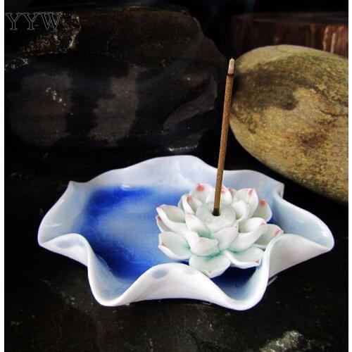 Incense Burner Lotus Leaf Plate Ceramic Creative Sandalwood Handmade Lotus Ice Cracked Buddha Ornaments Incense Stick Holder