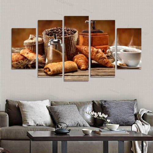 Canvas Wall Art Home Decoration Framework Poster 5 Panel Coffee Bean Bread Dessert Modern Hd Printed Pictures Painting