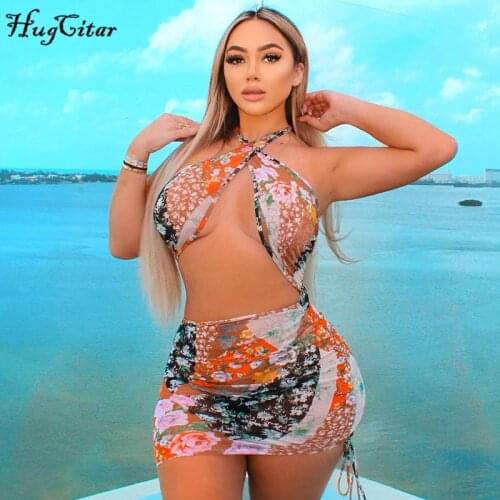Hugcitar 2021 Sleeveless Halter Vintage Print Sexy Mini Dress Summer Women Fashion Streetwear Outfit Y2K Clothing