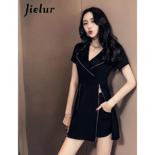 Jielur Elegant Dress Two Peices Set Korean 2021 Summer Women Solid Collar Zipper Vintage Cool Black Dress Womens suits Vestidos