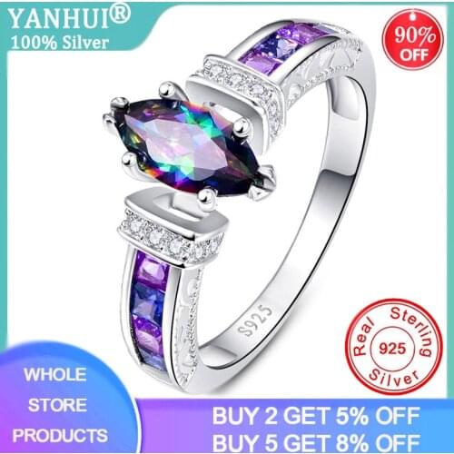 YANHUI Silver 925 Jewelry Silver 925 Rings for Women with Oval Rainbow Fire Mystic Topaz Gemstone Amethyst Rings Fine Jewelry