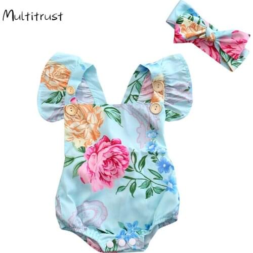 Newborn Toddler Baby Girls Clothes Floral Playsuit Flying Sleeve Bodysuits Jumpsiut Headband+Gilrs BodysuitsOutfits Set 0-24M