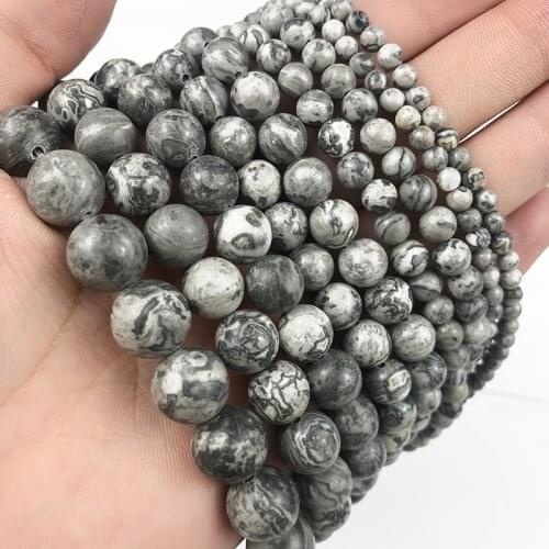 MKTREG Natural Gray Map Stone beads Round 4/6/8/10/12MM spacer Loose beads ball for Jewelry bracelets Earring pendant making DIY