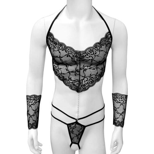 Lace Mans Lingerie Sets With Open crotch thong Gentleman Exotic Nightwear Sexy Underwear Man Sissy Gay Sleepwear Black