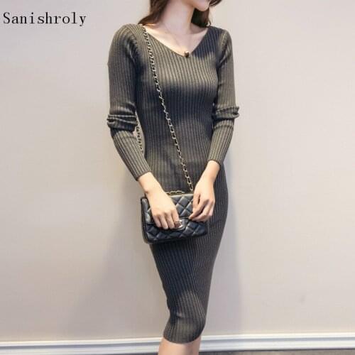 V-Neck Sweater Dresses 2021 Autumn Winter Women Pullover Sheath Knitted Dress Female Long Sleeve Long Bottoming Dress Vestidos