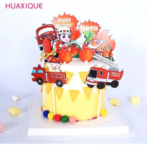 Firefighters Fire Ladder Truck DIY Cupcake Topper Fireman Happy Brithday Cake Topper Flag Excavator Party Dessert Decor Flags