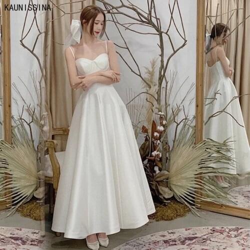 KAUNISSINA Spaghetti Straps Sweetheart Wedding Dresses A-Line Sleeveless Satin Simple Marriage Dress for Bride Wedding Gowns