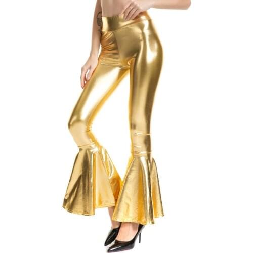 Women Flare Shiny Leggings Laser Metallic Wetlook Ruffle Wide Leg Pants Retro 70s Disco Hippie Club Trousers Bell Bottoms