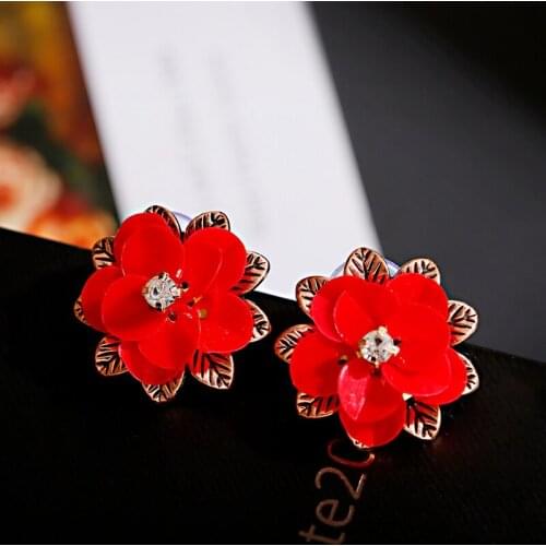 Red Flower Earrings Women Summer Beach bohemia Stud Earrings Korean Style Anniversary Gift