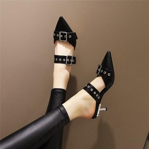 YMECHIC 2020 New Rome Style Fashion Buckle Pointed Toe Sexy Thin Heels Women Mules Black White Gladiator High Heel Shoes Party