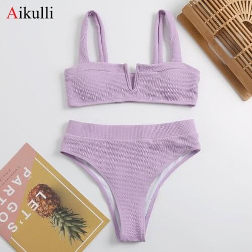 Sexy V-Neck Bikini Swimsuit Women Solid High Waist Swimsuit 2021 New Bikini Set Summer Female Beach Brazil Bathing Suit Swimming
