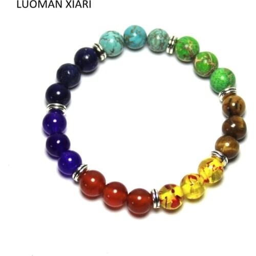 10 pcs Wholesale Mix 7 Color Natural Stone 7 Chakra Healing Balance 8mm Beads Bracelet For Men Women Reiki Prayer Stones 19 mm