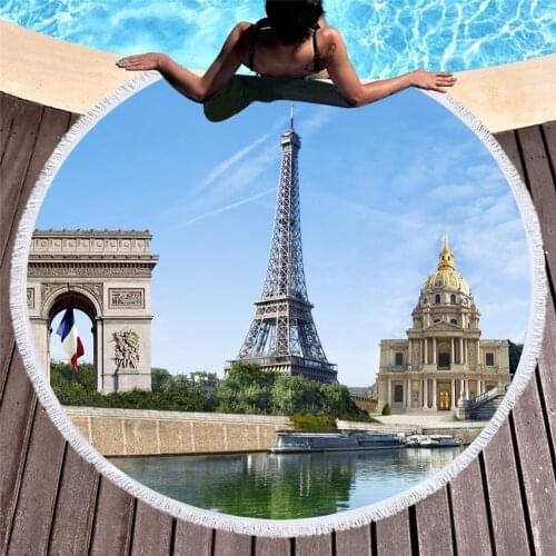 Free shipping Novelty Gift Scenery Paris Eiffel Tower Sunset Pattern Large Round Swim Spa Bath Beach Towel Blanket Throw 150cm