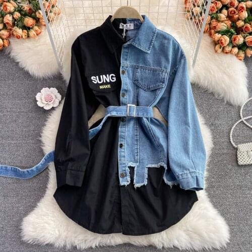 Vintage Patchwork Blouse Women Long Sleeve Denim Blouse With Belt Korean Plus Size Tops Jeans Shirts blouses femme