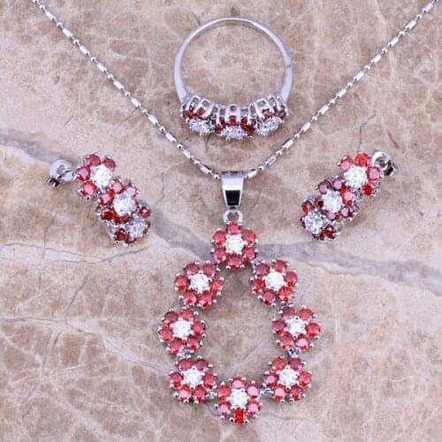 Red Garnet White CZ Silver Plated Jewelry Sets Earrings Pendant Ring Size 6 / 7 / 8 / 9 / 10 S0148