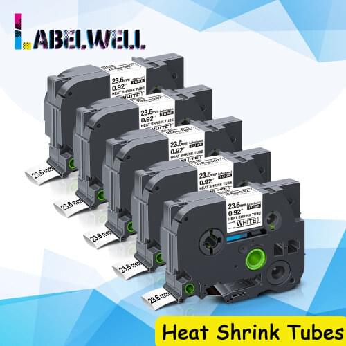 Labelwell 5PK 23.6mm HSe-251 HSe251 Black on White for Brother Heat Shrink Tubes HSe 251 for Brother P-Touch Label Maker PTE550W