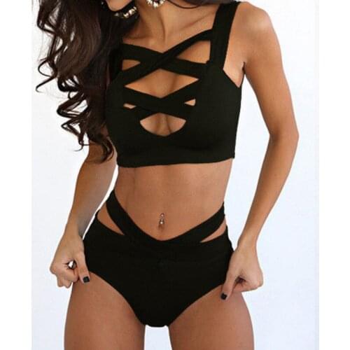 Fashion Sexy Womens Bikini Set Bandage Stretch Bodycon Swimwear Push-Up Padded Cross Up Swimsuit High Waist Bathing Suit Plain