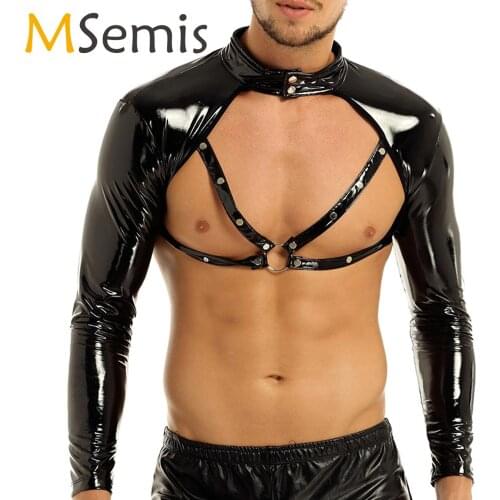 MSemis Tank Top for Mens Wetlook Faux Muscle Leather Tops Harness Men Stand Collar Studded Tank Top Clubwear Stage Costume Tops