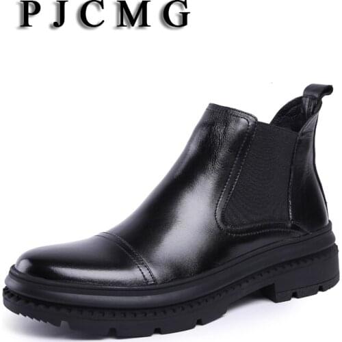 PJCMG High Quality Men Boots Black Elastic Band Ankle Waterproof Rubber Casual Genuine Leather High Top Military Boots