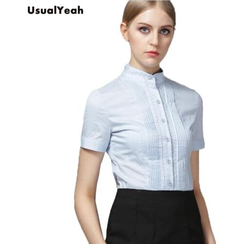 New Summer style Women Body Shirt Lace Patchwork Formal Short Sleeve Office Blouses Shirts White Blue SY0277 S-XXL