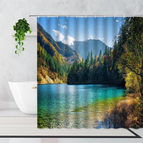 Autumn Natural Scenery Shower Curtains Forest Mountain Lake Landscape Home Decor Background Waterproof Bath Curtain With Hooks