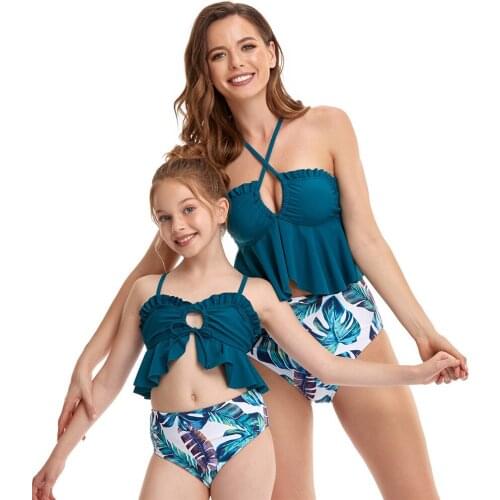 Matching Mom and Daughter Swimsuits Two Piece High Waist Bikini Girls Bikinis Swim Ruffle Hatler Swimwear Bathing Suit Set 2021