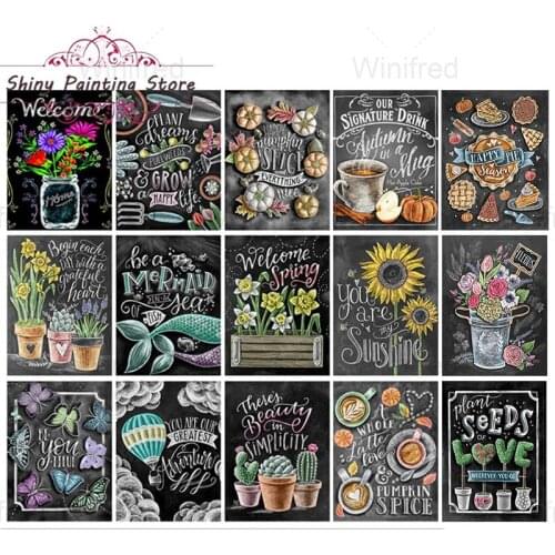 Full Diamond Painting Cross Stitch Blackboard Food Flower Warm Quotes Wall Art DIY Diamond Embroidery Cafe Restaurant Pub Decor
