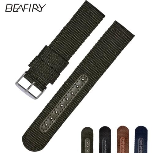 BEAFIRY Breathable Woven Nylon Watch Band Strap Mesh 18 20 22 24mm Women Men Watchbands sports black blue brown army green
