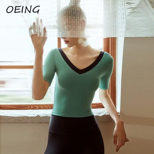 Fitness Short Sleeve Yoga Shirts Patchwork Workout Gym V Neck Crop Tops Paded Tights Breathable Sport Top