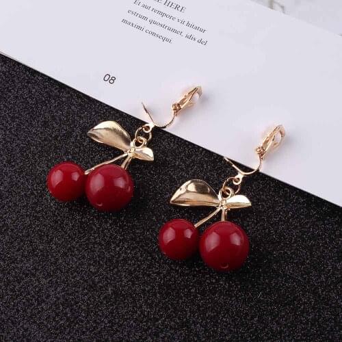 JIOFREE New Fashion Cute Lovely Red Cherry Clip Earrings Rhinestone Leaf Bead No Ear Hole Ear Clip Earrings For Woman Jewelry