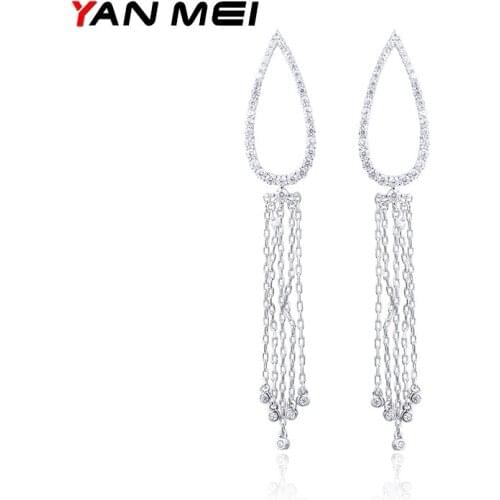 YAN MEI Long Tassel Waterdrop Cubic Zirconia Earring Romantic Silver Color Dangle Earrings Fashion Jewelry GLE5737