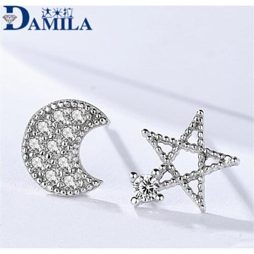 Rhodium plated earrings sterling silver 925 with Cubic Zironia Moon star earings for women boucles d'oreilles pour les femmes