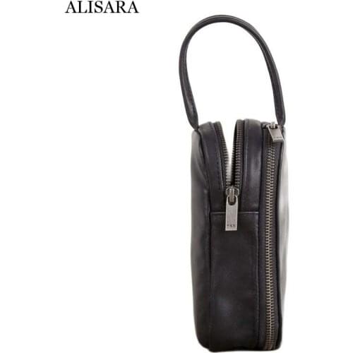 Alisara Mini Hand Bag Male First Layer Leather Top End Handmade Mens Storage Purses Cell Phone Wallets Organizer Clutch Bags