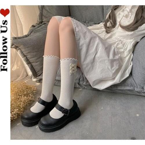 Dark Black Bowknot Stockings G Woman Gothic Wood Ear Cotton Socks Girl Lolita Jk Student Pile Stockings Girl 2021