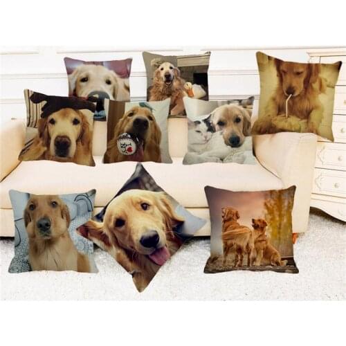 XUNYU Funny Pet Golden Retriever Dog Pillow Case Linen Pillowcase Home Decor Sofa Cushion Cover Throw Pillow Case 45x45cm A00101