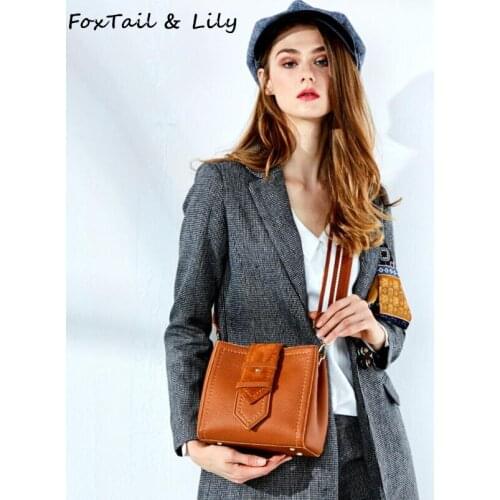 FoxTail & Lily Luxury Women Genuine Leather Bucket Handbags Small Shoulder Messenger Bag Summer New Fashion Mini Crossbody Bags