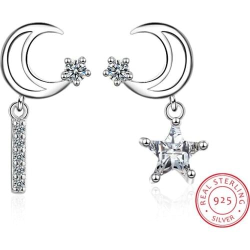 100% Real 925 Sterling Silver Asymmet Star Moon Stud Personalise Earrings For Women 2020 Sweet Girls Fashion Accessories Jewelry