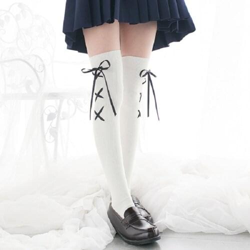 Women Lolita Stockings Spring Japanese Leggings Kawaii anime girl sock black White Over Knee stocking cross ribbon socks cosplay
