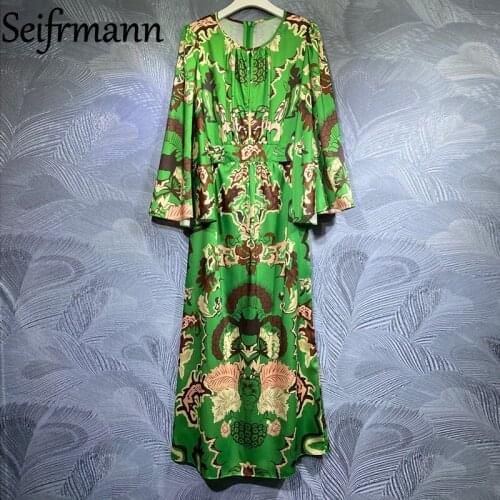 Seifrmann New 2021 Autumn Womwn Fashion Designer Party Long Dress Batwing Sleeve Vintage Print High Waist A-Line Dress Vestidos