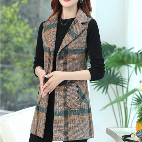 #0779 Vintage Sleeveless Blazer Women Single Breasted Slim Middle Age Womens Vest Waistcoat Plaid Vest Coat Femme Spring Autumn
