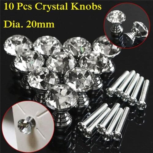 10Pcs/Set 20mm Crystal Glass Clear Cabinet Knob Drawer Pull Handle Kitchen Door Decoration Wardrobe Hardware Crystal+Zinc Alloy