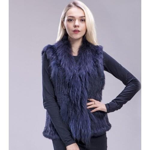 2020 FXFURS Free shipping womens natural real rabbit fur vest with raccoon fur collar waistcoat/jackets rabbit knitted winter