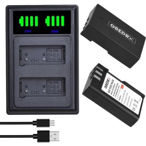 2x 2000mAh EN-EL9 EN-EL9A EN EL9 EL9A ENEL9 Battery + Type-C LED Dual Charger for Nikon D40, D40X, D60, D3000, D5000, D3X Camera