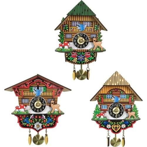 Antique Wooden Cuckoo Wall Clock Cartoon Forest House Time Bell Swing Hanging Clocks Living Room Home Art Decor