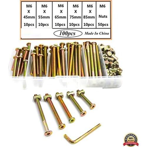 100Pcs Zinc Plated M6 Hex Drive Socket Cap Furniture Barrel Screws Bolt Nuts Assortment Kit for Furniture Cots Beds Crib Chair