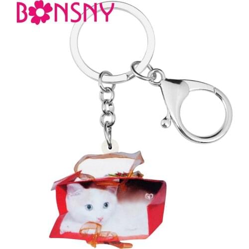 Bonsny Acrylic Valentines Day Turkish Cat Key Chains Animal Key Rings Bag Car Purse Decorations For Women Girl Teen Charms Gift